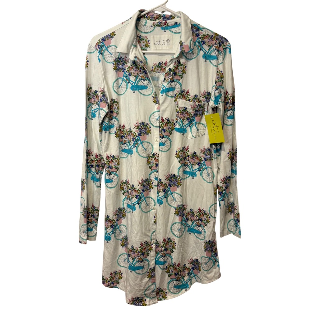 The Cat's Pajamas Nightshirt Women S White Bicycle Floral Pima Cotton Modal NWT